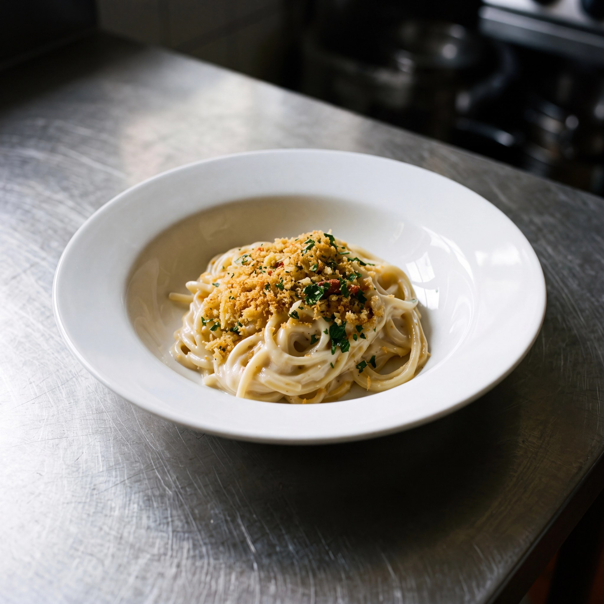 Spaghetti met romige pecorino saus en broodkruim