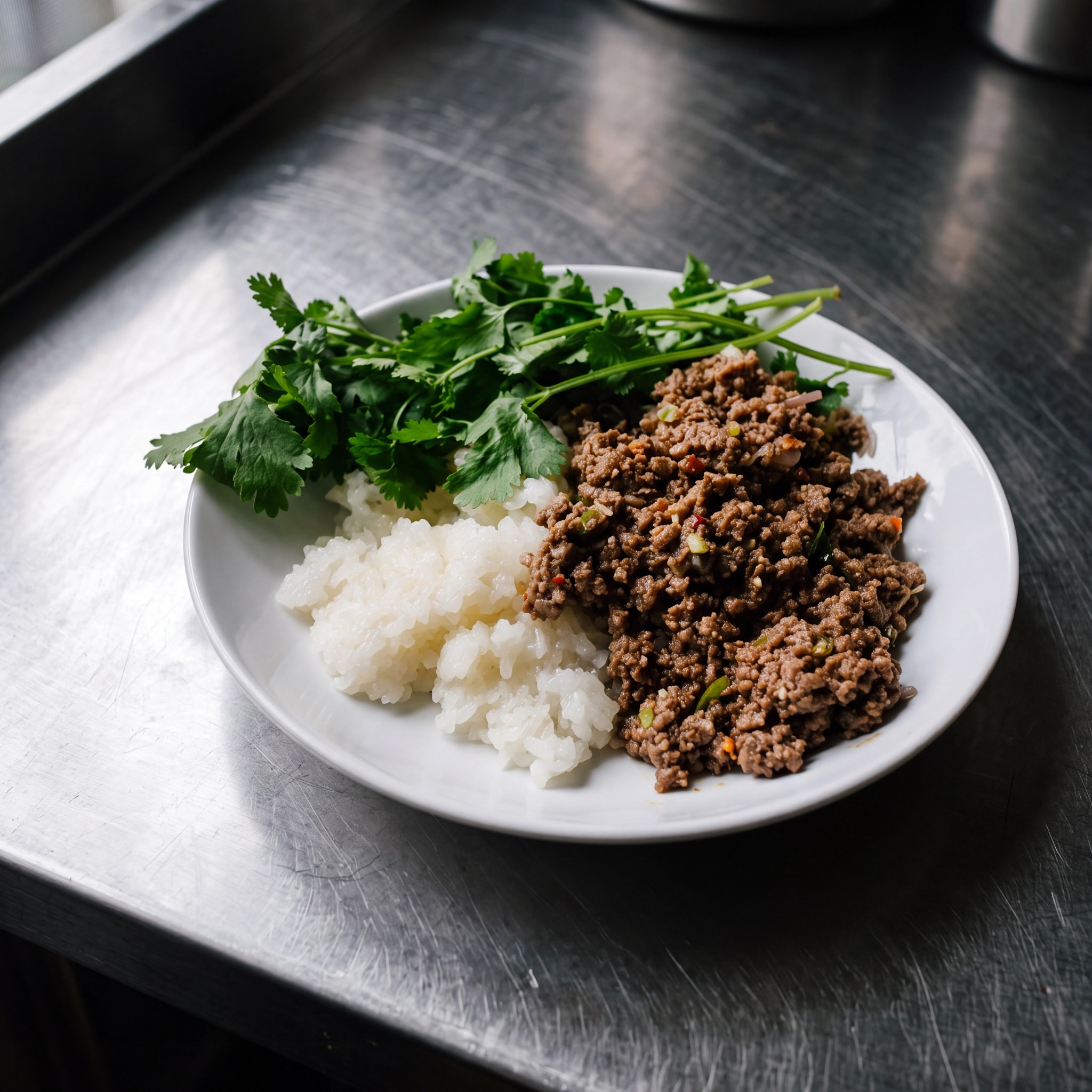 Larb met sticky rice