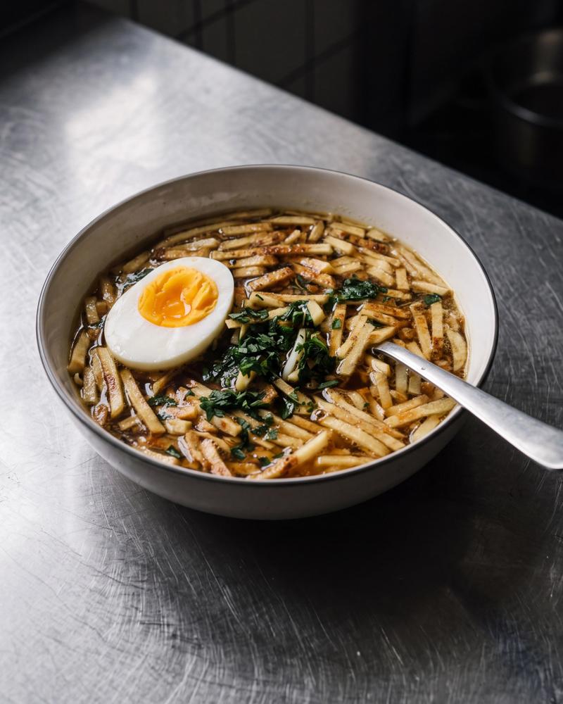 Saoto soep met kip, taugé, hardgekookt ei, krokante frites chips en gebakken uitjes