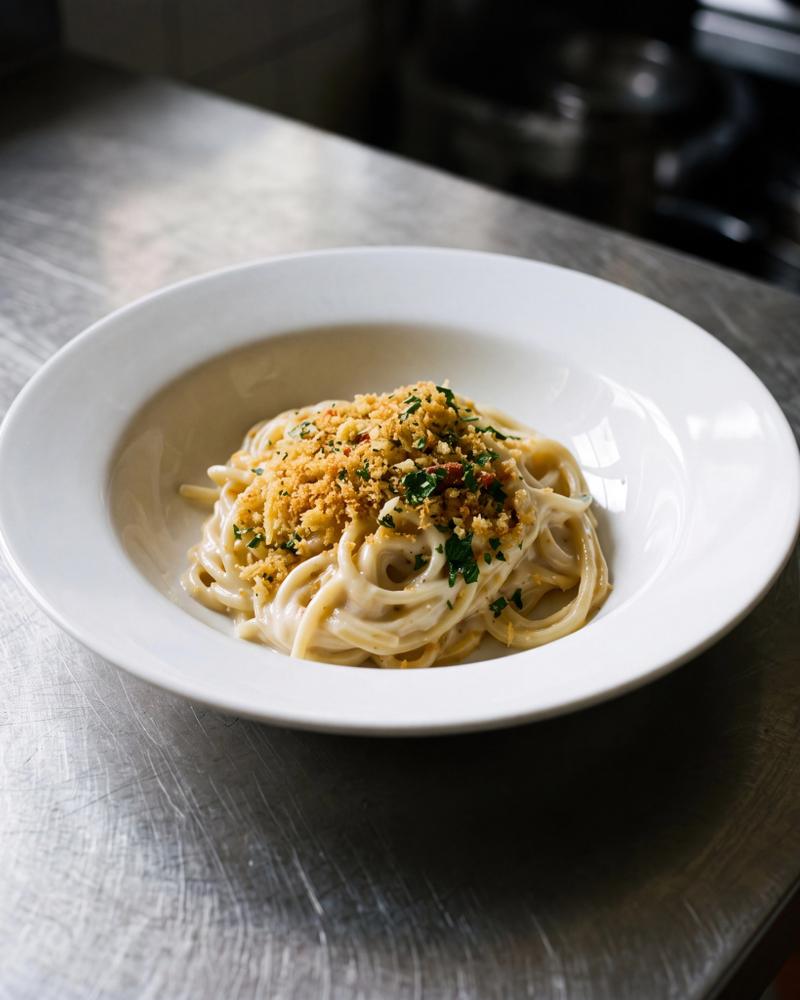 Spaghetti met romige pecorinosaus, krokant panko-broodkruim en verse tijm