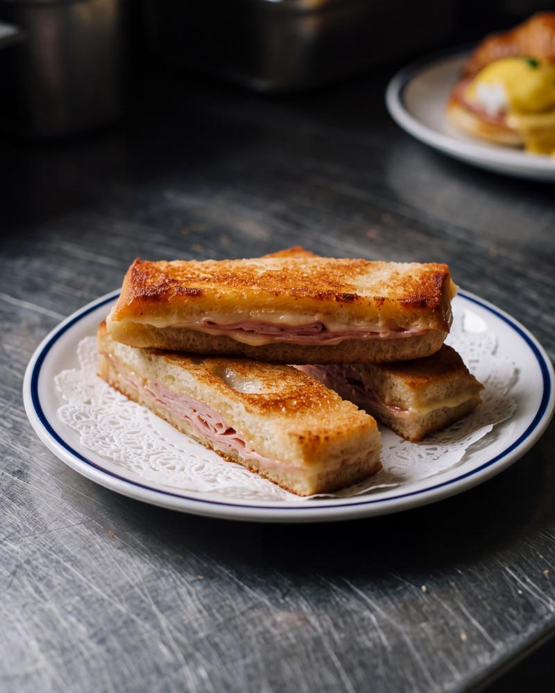 Pierini Harry's Bar: ham-kaastosti van witbrood met Emmentaler en gerookte ham, geserveerd in repen