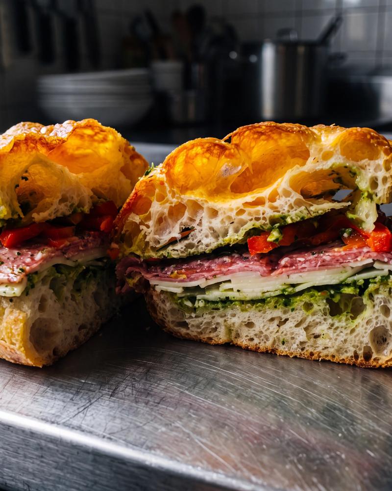 Broodje Milano met pesto, mortadella, salami en provolone op focaccia met rozemarijn