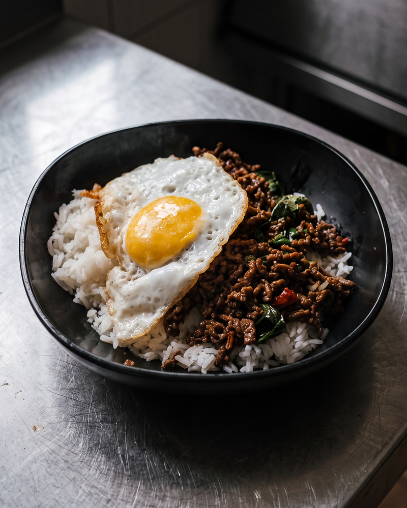 Pad Kra Pao met rundergehakt, Thaise basilicum, rijst en een gebakken ei met krokante randjes