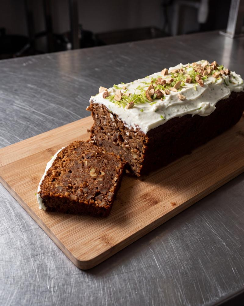 Carrot cake met mascarpone-roomkaasfrosting, limoenrasp en walnoten als topping