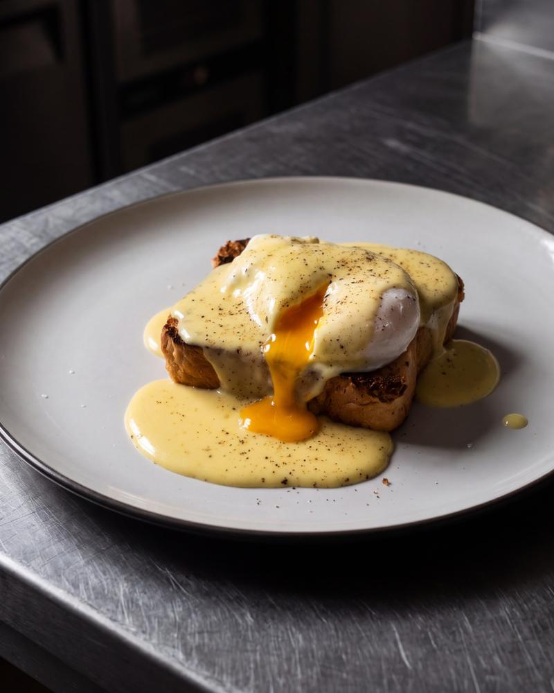 Brioche Eggs Benedict met een gepocheerd ei en zuur-ziltige hollandaisesaus op een dikke snee brioche