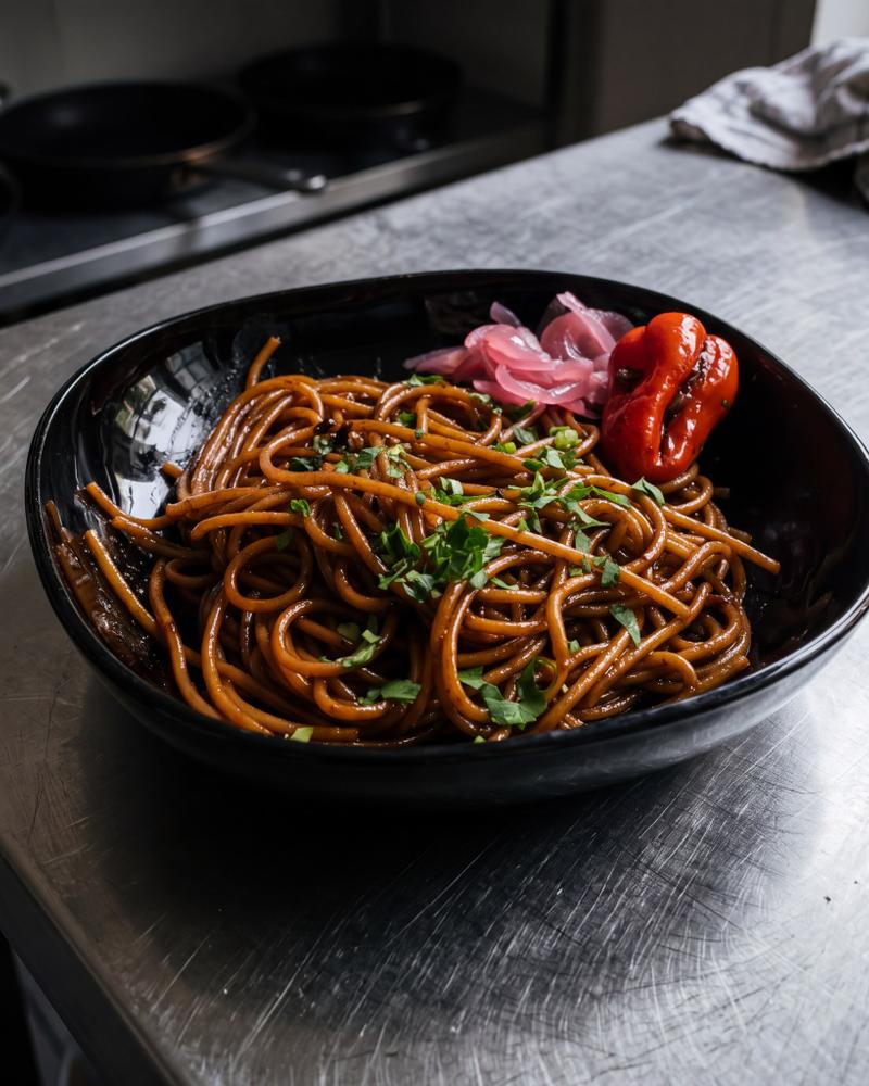 Surinaamse bami met zoete en zoute ketjap en fijngehakte bladselderij