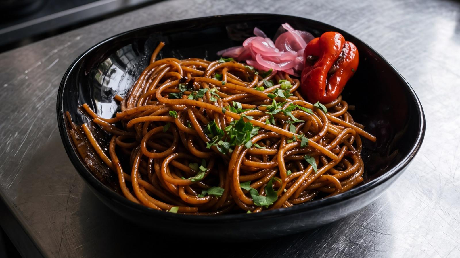 Surinaamse bami met zoete en zoute ketjap en fijngehakte bladselderij