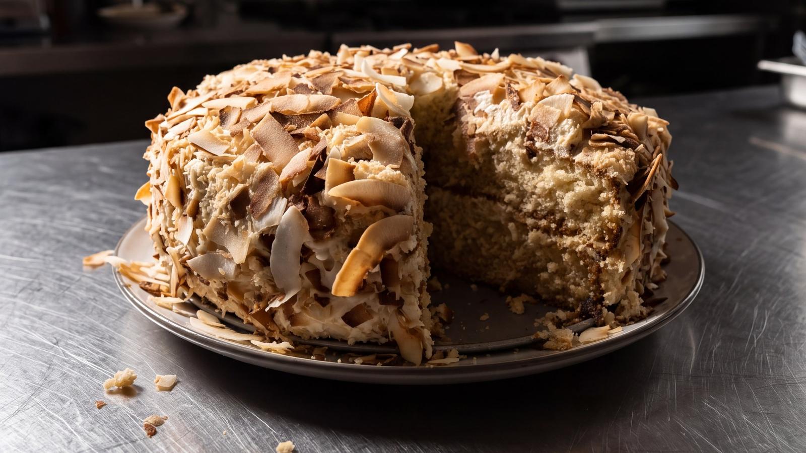 Kokos cake van Thomas Keller met meerdere cakelagen, Italiaanse meringue en royaal geraspte kokos