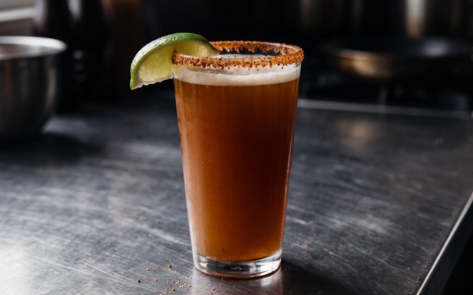 Michelada met Mexicaans lagerbier, vers limoensap en een limoenpartje als garnering