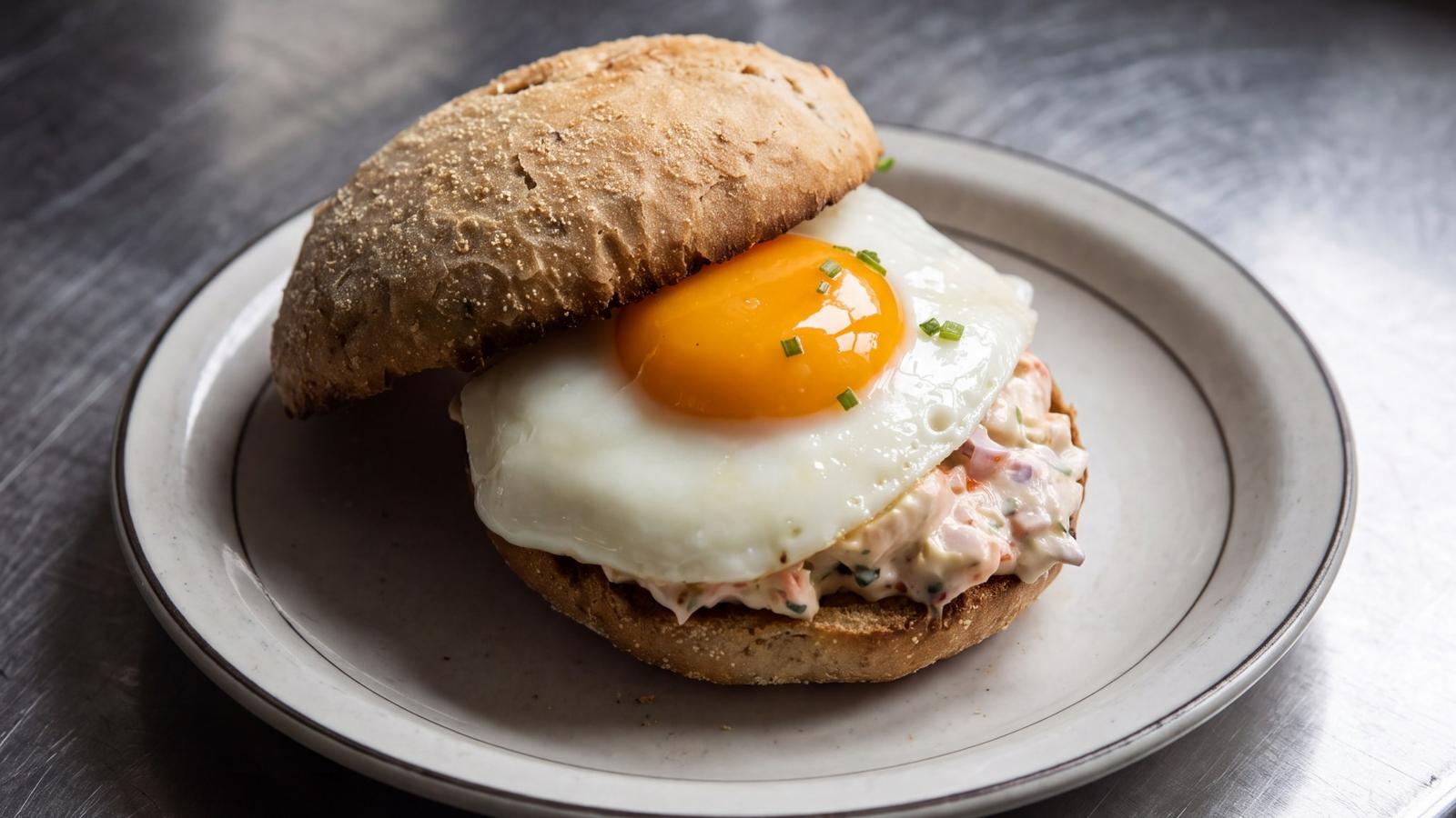 Soho Salmon Sandwich by Eggslut met gerookte zalm, ei, roomkaas en rode ui op een broodje